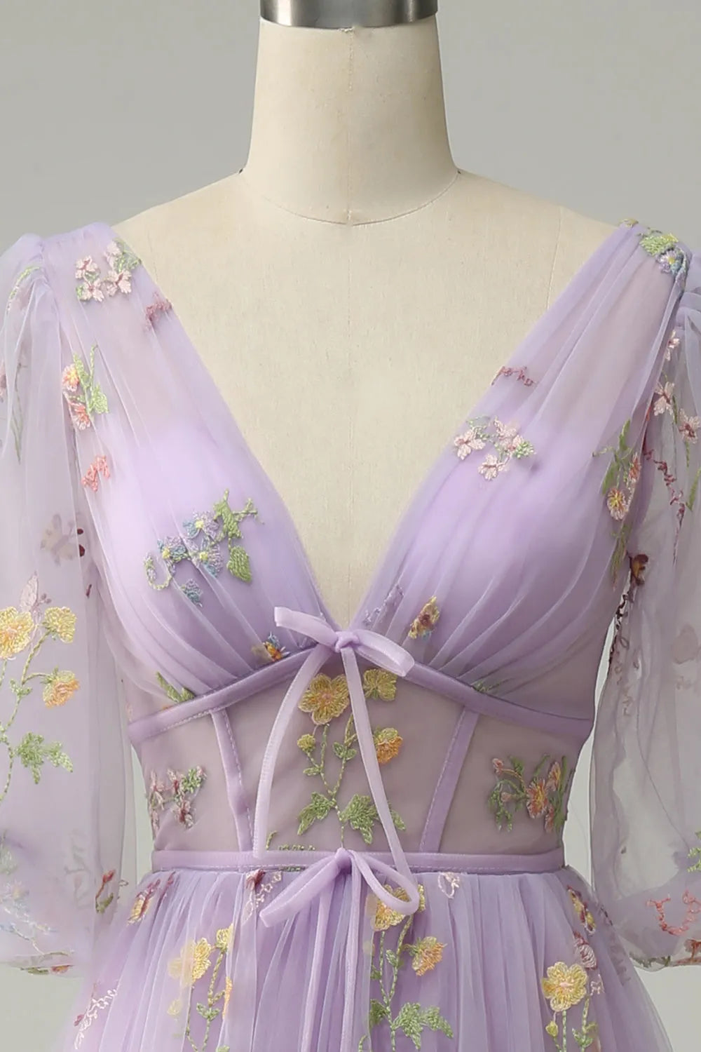 Romantic Lavender A-Line Plunging V-Neck Puff Sleeve Floral Embroidered Tulle Back Zip Floor-Length Prom Dresses
