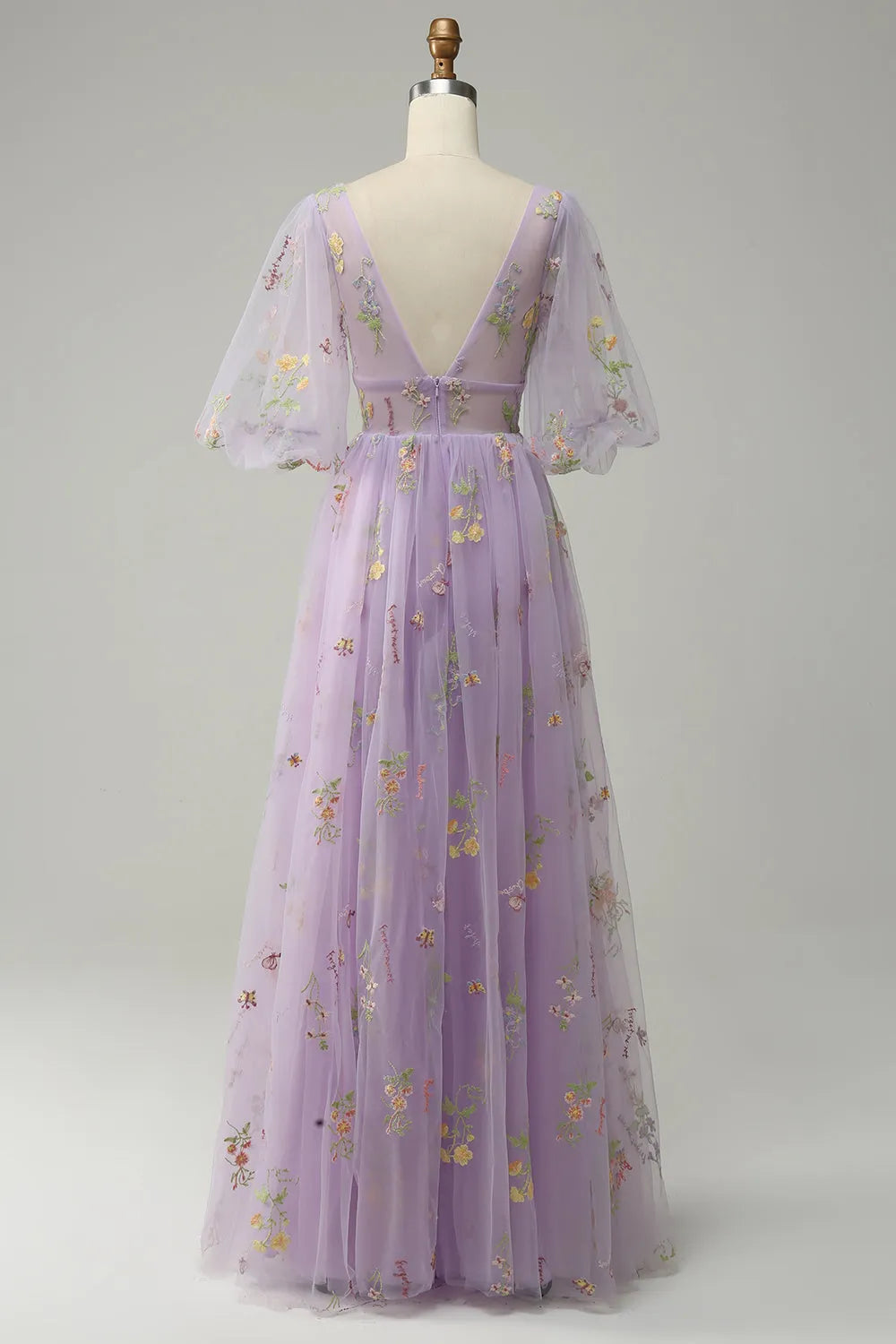 Romantic Lavender A-Line Plunging V-Neck Puff Sleeve Floral Embroidered Tulle Back Zip Floor-Length Prom Dresses