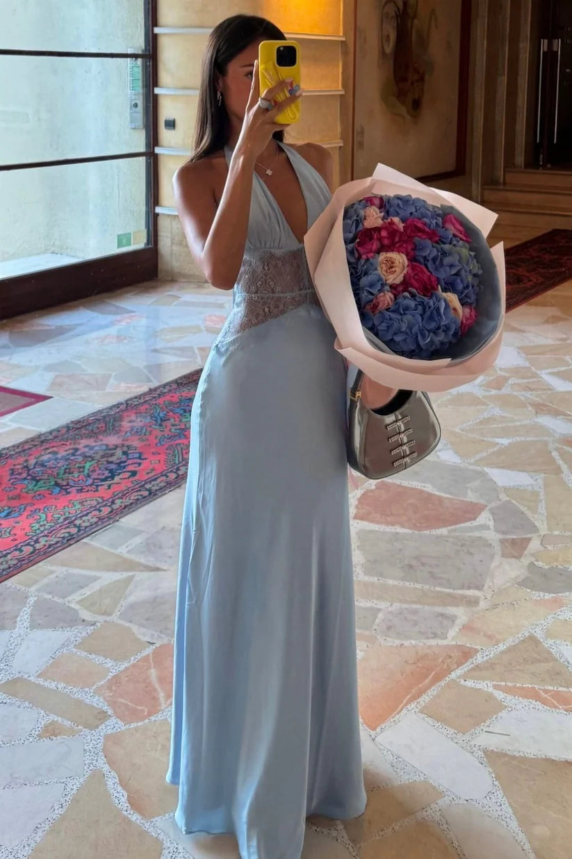 Romantic Light Blue Sheath Halter-Neck Sleeveless Lace-Panel Open-Back Floor-Length Prom Dresses with Lace