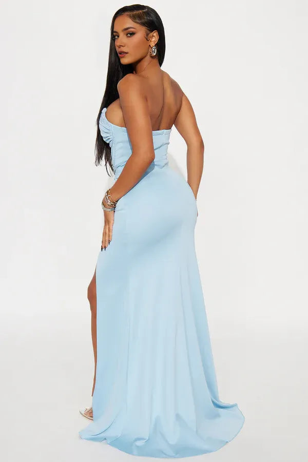 Romantic Light Blue Sheath Sweetheart Neckline Strapless Back Zipper Ruched Slit Floor-Length Prom Dresses