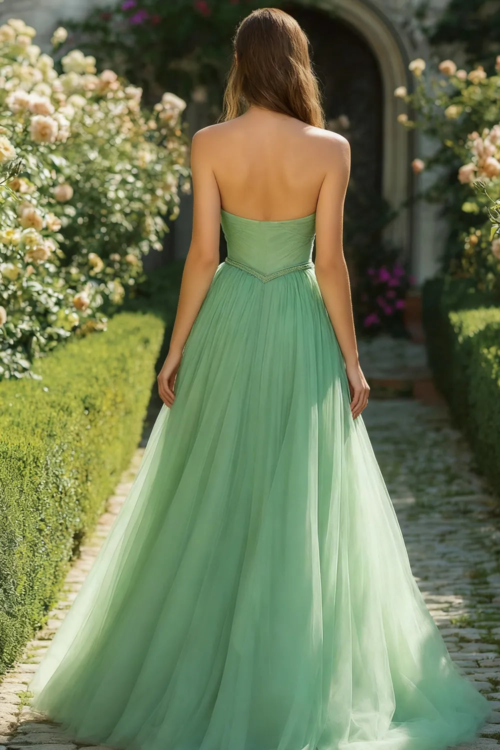 Romantic Light Green A-Line Sweetheart Neck Strapless Backless Floor-Length Corset Bodice Beaded Tulle Prom Dress