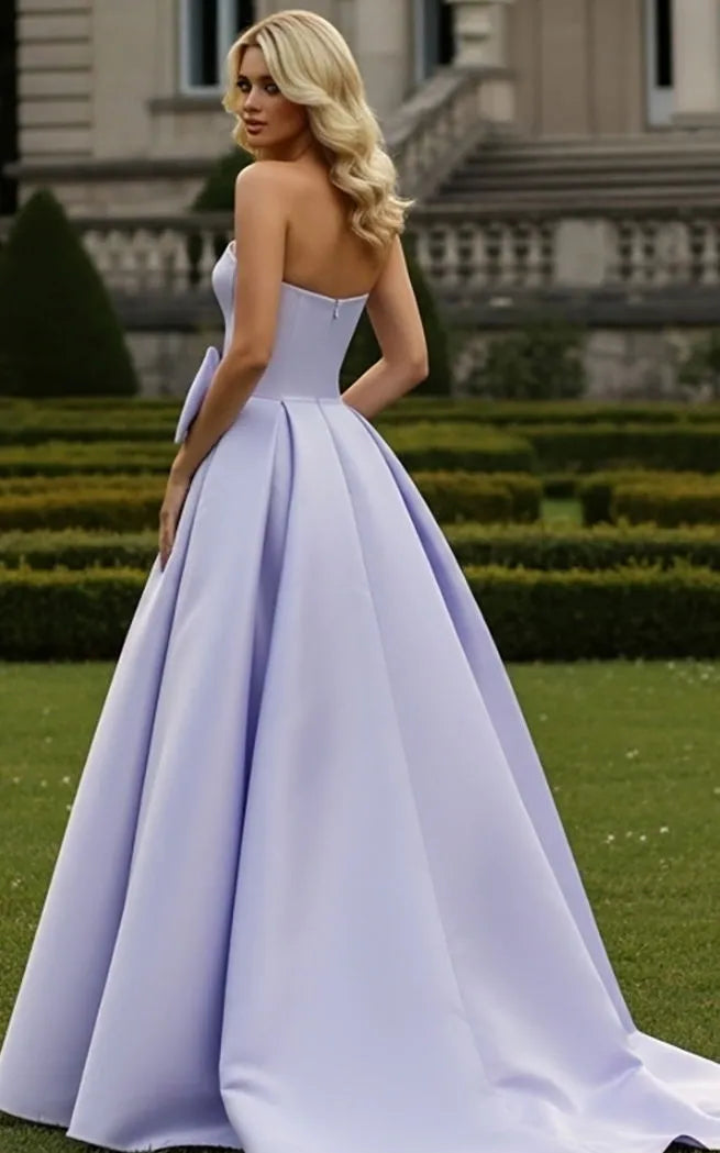 Romantic Lilac A-Line Sweetheart Neck Strapless Back Zip Floor Length Beaded Bow Bodice High Slit Satin Prom Dresses