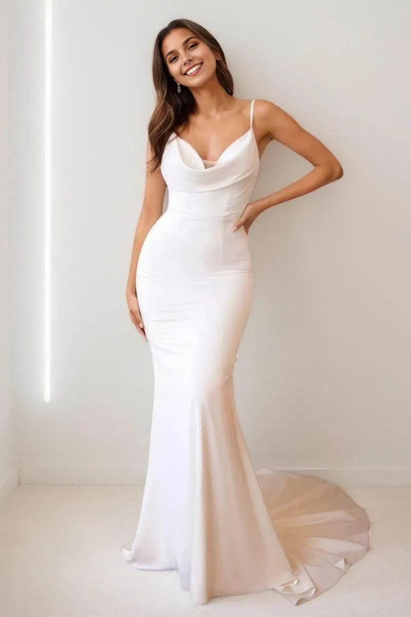 Romantic Mermaid Cowl Neck Spaghetti Strap Cutout Bow Back Ruched Satin Train Prom Dress Hot sale for women