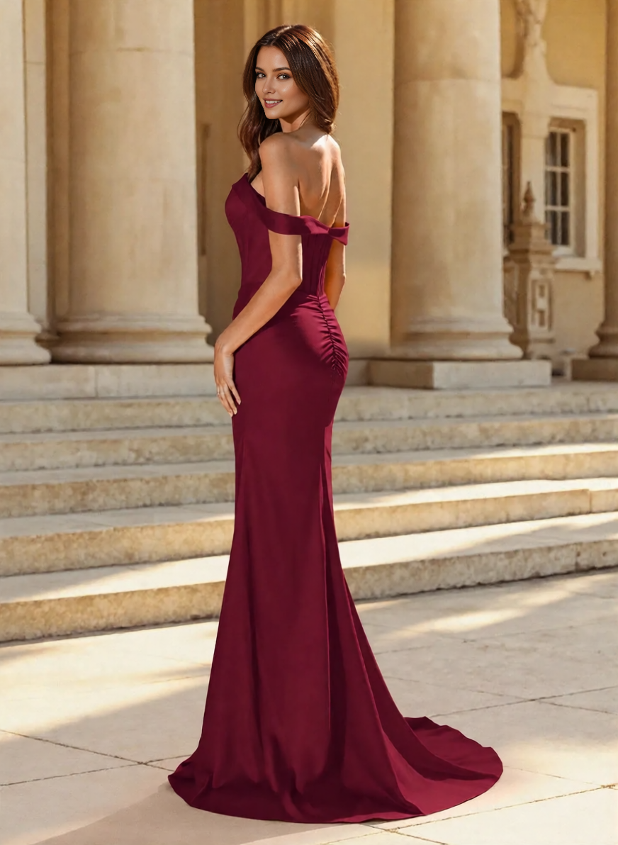 Romantic Mermaid Off-The-Shoulder Sleeveless Back Zip Ruched High Slit Satin Floor-Length Prom Dress