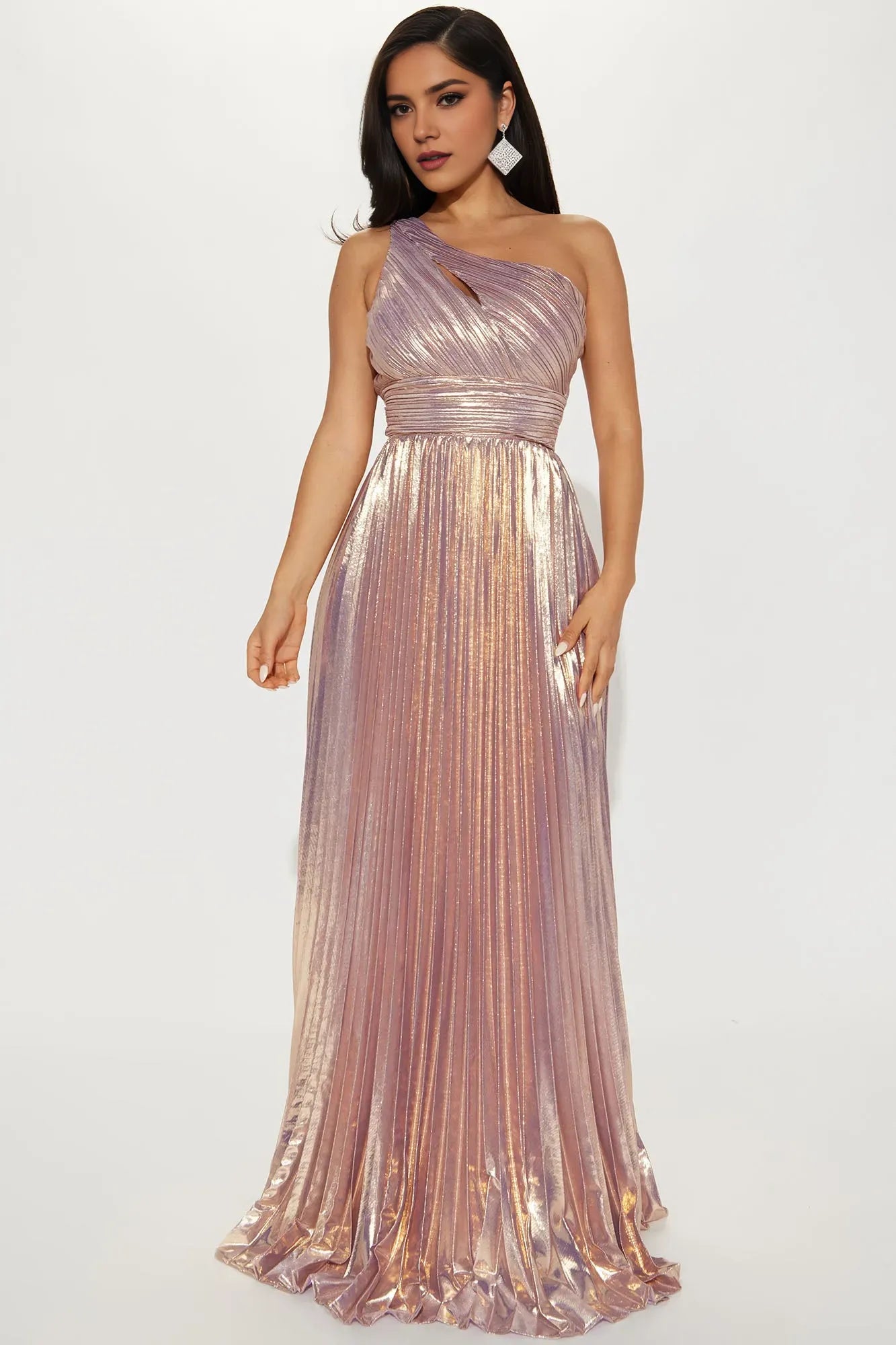 Romantic Mermaid One-Shoulder Sleeveless Back Zip Pleated Metallic Floor-Length Prom Dresses