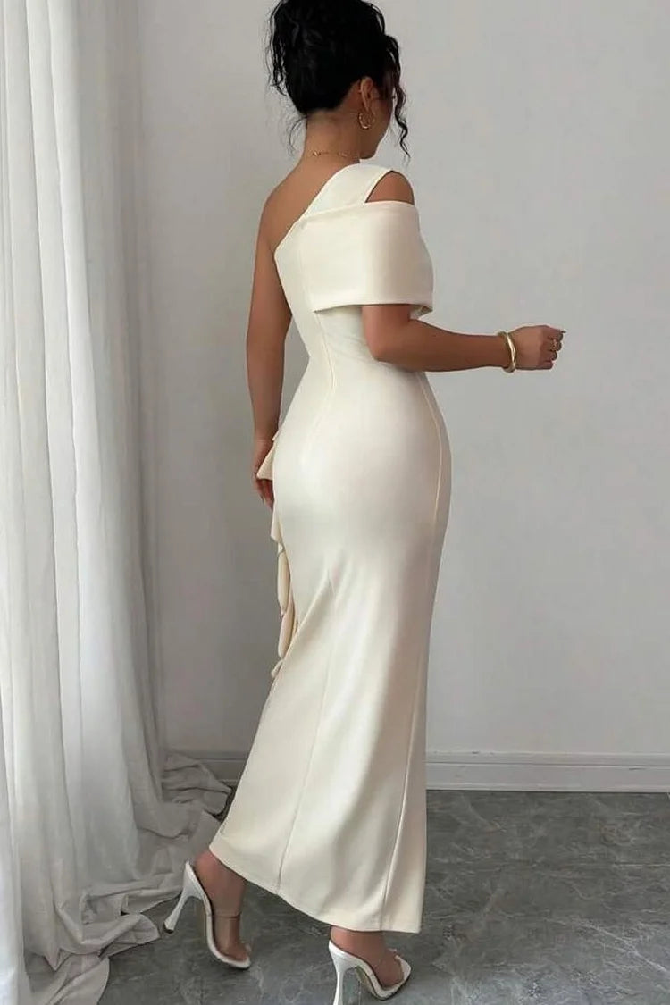 Romantic Mermaid One-Shoulder Sleeveless Back Zip Slit Ankle-Length Prom Dress With Ruffles