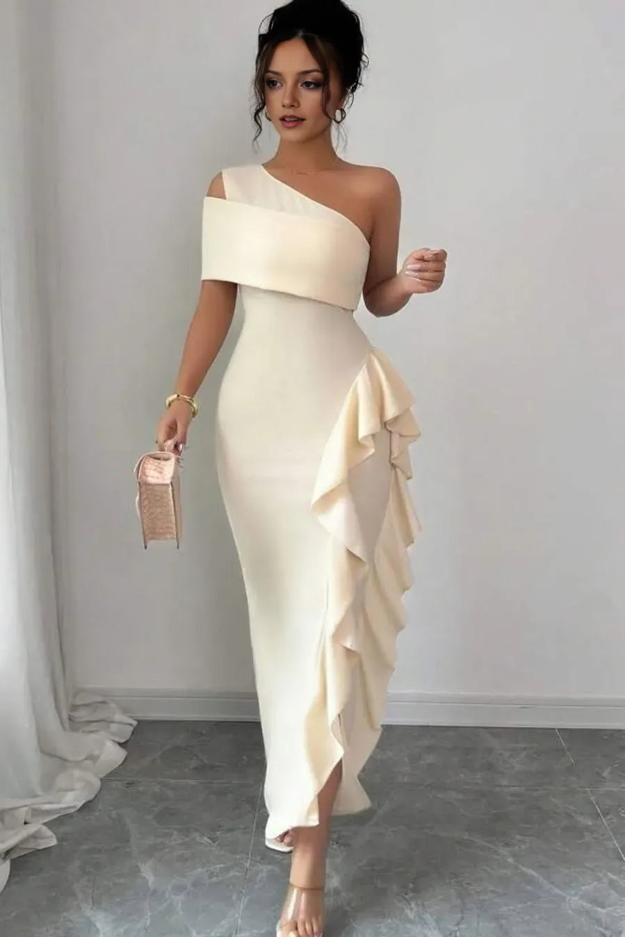 Romantic Mermaid One-Shoulder Sleeveless Back Zip Slit Ankle-Length Prom Dress With Ruffles