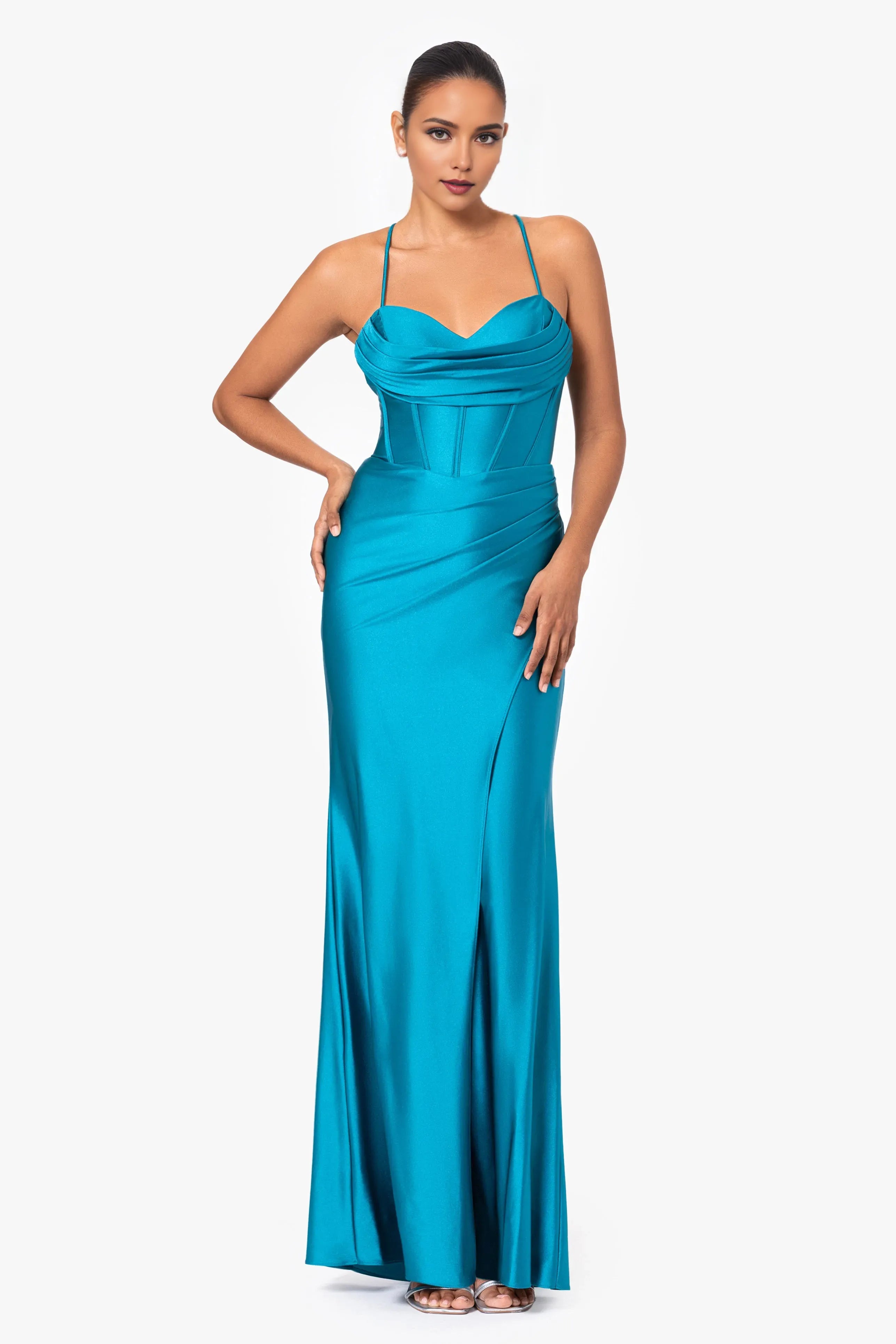 Romantic Mermaid Sweetheart Neck Spaghetti Straps Crisscross Back Ruched Satin High Side Slit Ankle-Length Prom Dresses