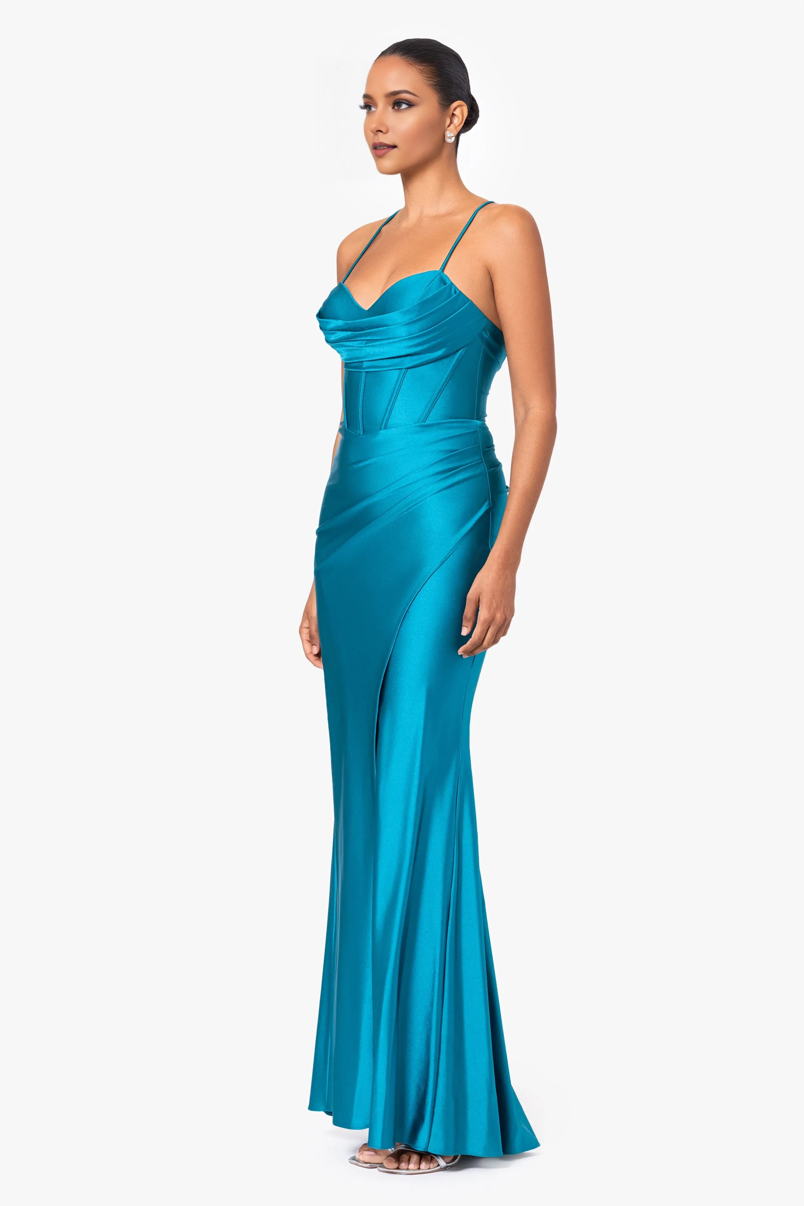 Romantic Mermaid Sweetheart Neck Spaghetti Straps Crisscross Back Ruched Satin High Side Slit Ankle-Length Prom Dresses