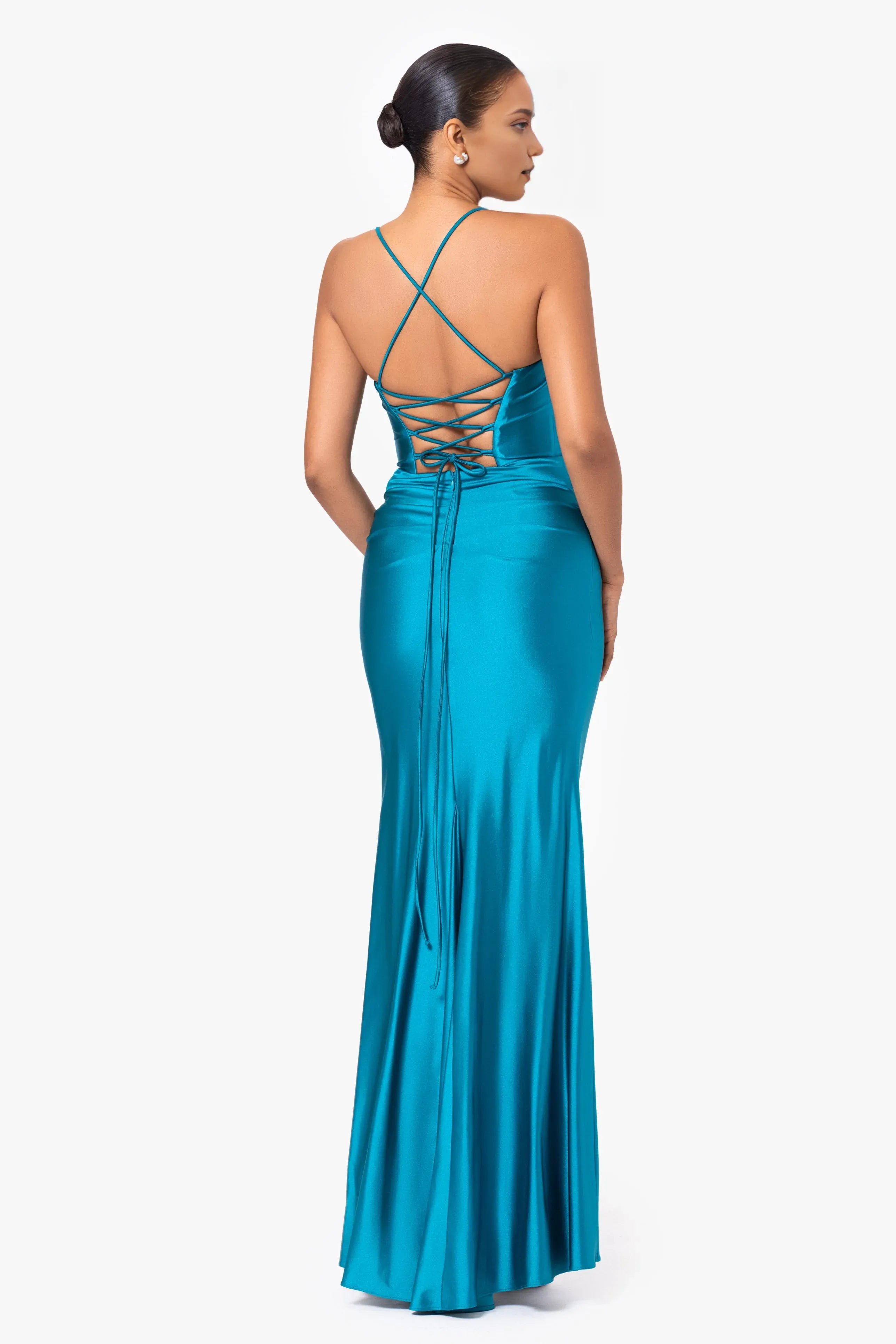 Romantic Mermaid Sweetheart Neck Spaghetti Straps Crisscross Back Ruched Satin High Side Slit Ankle-Length Prom Dresses