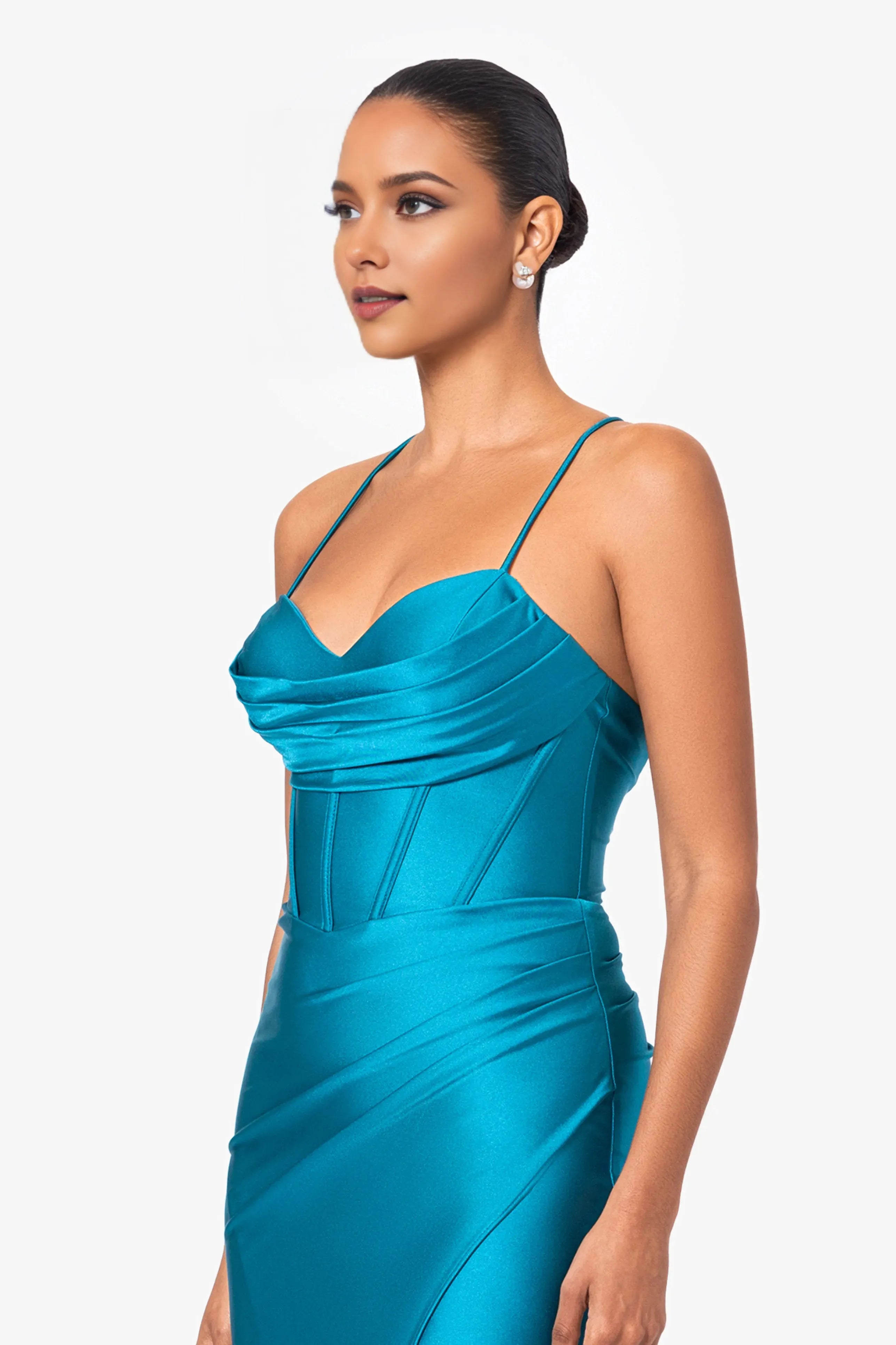 Romantic Mermaid Sweetheart Neck Spaghetti Straps Crisscross Back Ruched Satin High Side Slit Ankle-Length Prom Dresses