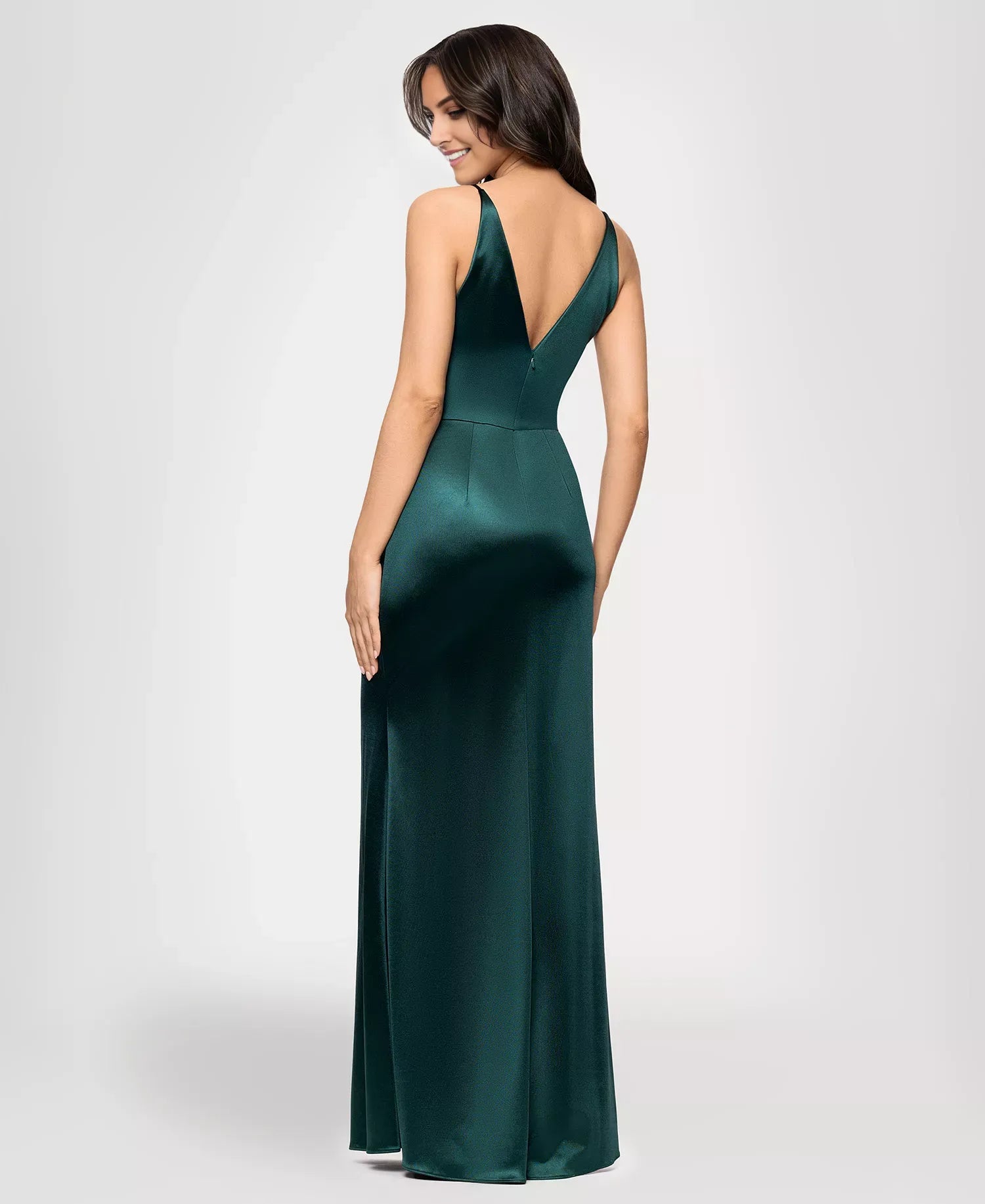 Romantic Mermaid V-Neck Sleeveless Back Zip Draped Satin Ruffled Slit Floor-Length Prom Dress