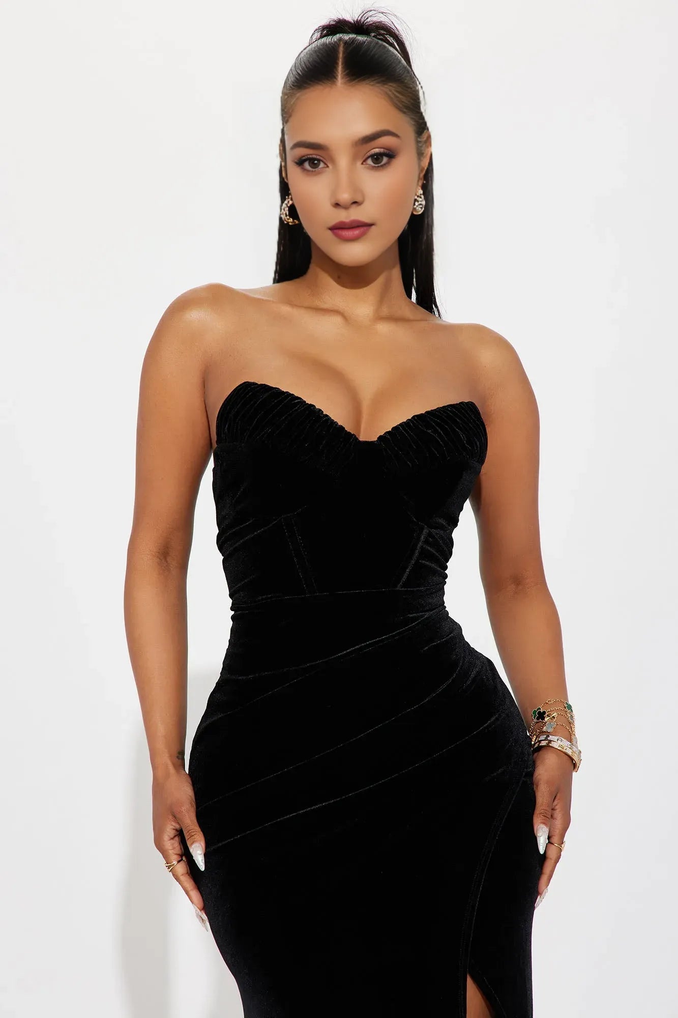 Romantic Mermaid V-Neckline Strapless Back Zip Ruched Bodice High Slit Floor-Length Prom Dresses