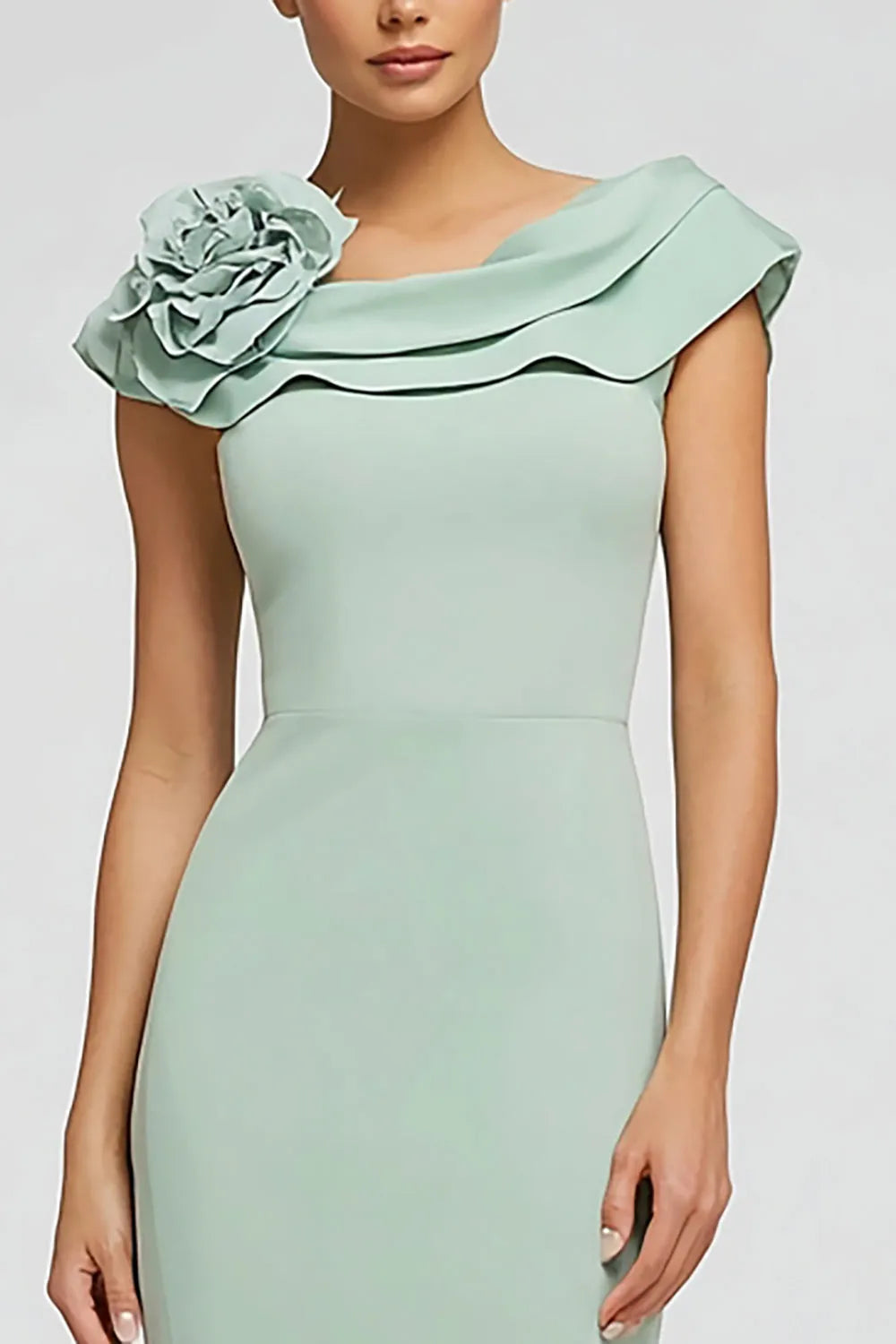 Romantic Mint Green Mermaid Boat Neck Sleeveless Floral-Embellished Ankle-Length Prom Dresses with Ruffles