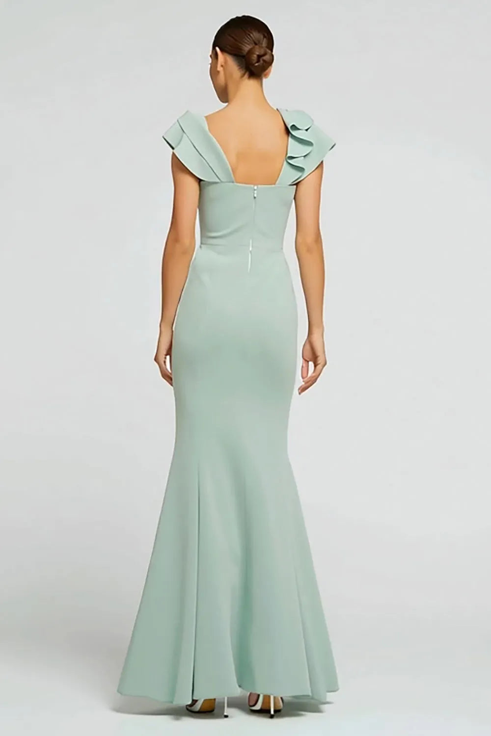 Romantic Mint Green Mermaid Boat Neck Sleeveless Floral-Embellished Ankle-Length Prom Dresses with Ruffles
