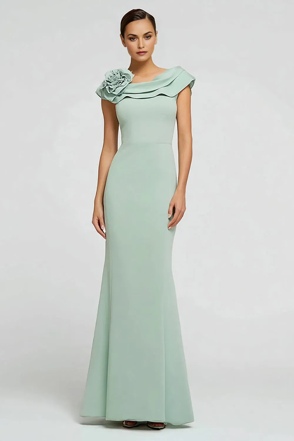 Romantic Mint Green Mermaid Boat Neck Sleeveless Floral-Embellished Ankle-Length Prom Dresses with Ruffles