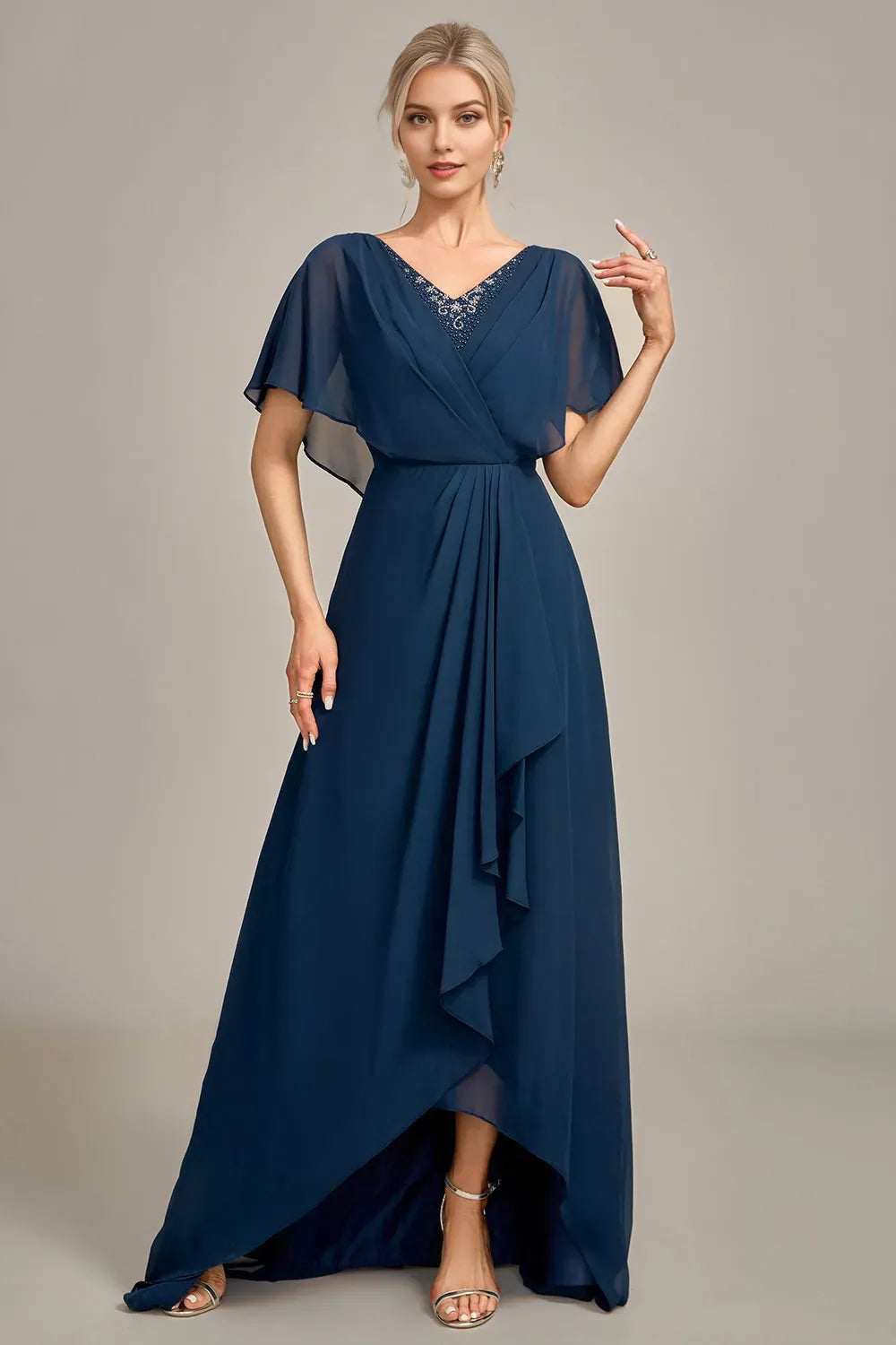 Romantic Navy Blue A-Line Asymmetrical Sequins Beaded V-Neck Chiffon Cape Sleeve High-Low Mother of the Bride Dress