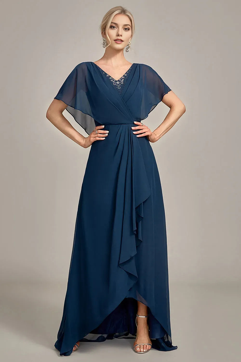 Romantic Navy Blue A-Line Asymmetrical Sequins Beaded V-Neck Chiffon Cape Sleeve High-Low Mother of the Bride Dress