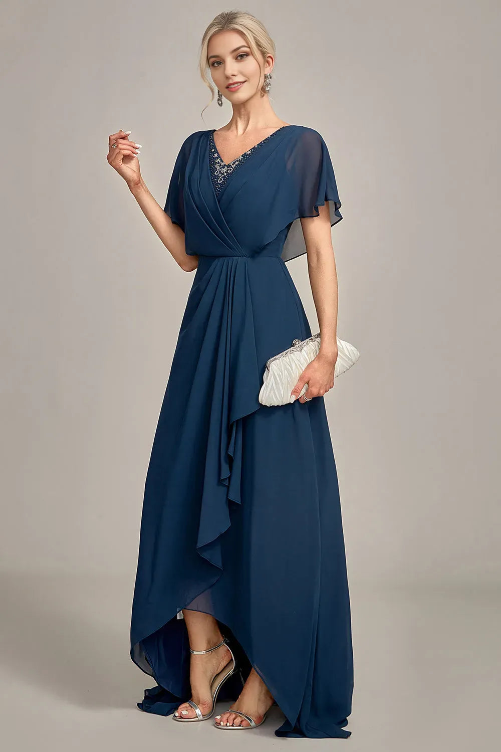 Romantic Navy Blue A-Line Asymmetrical Sequins Beaded V-Neck Chiffon Cape Sleeve High-Low Mother of the Bride Dress