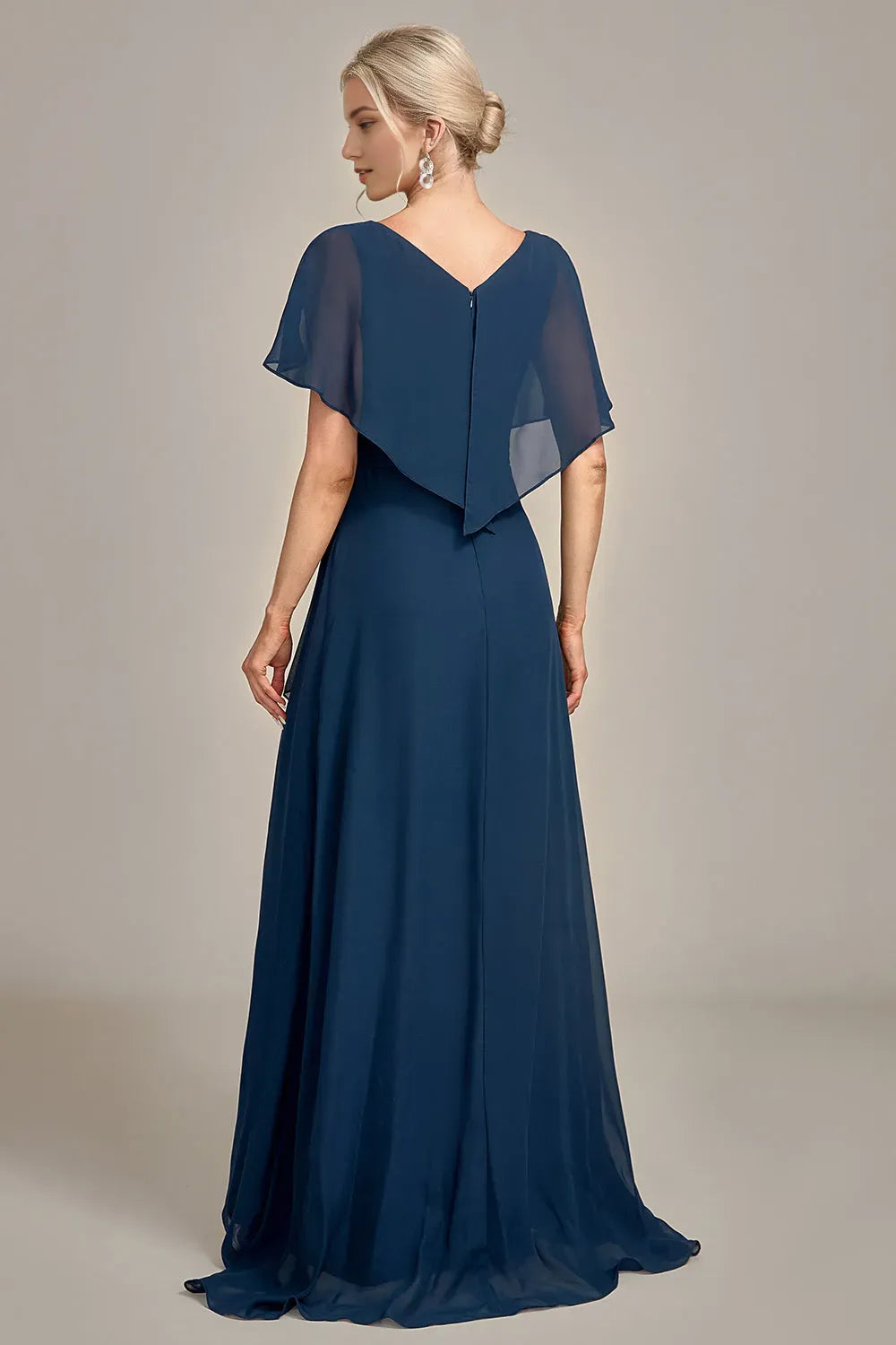 Romantic Navy Blue A-Line Asymmetrical Sequins Beaded V-Neck Chiffon Cape Sleeve High-Low Mother of the Bride Dress