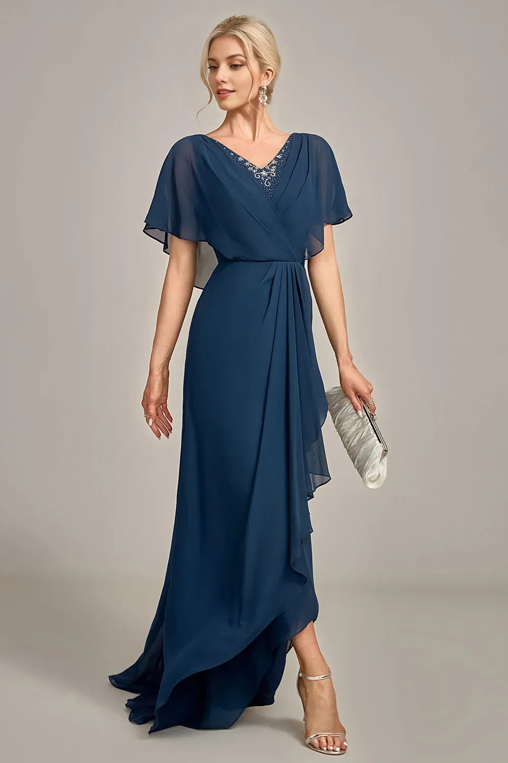 Romantic Navy Blue A-Line Asymmetrical Sequins Beaded V-Neck Chiffon Cape Sleeve High-Low Mother of the Bride Dress