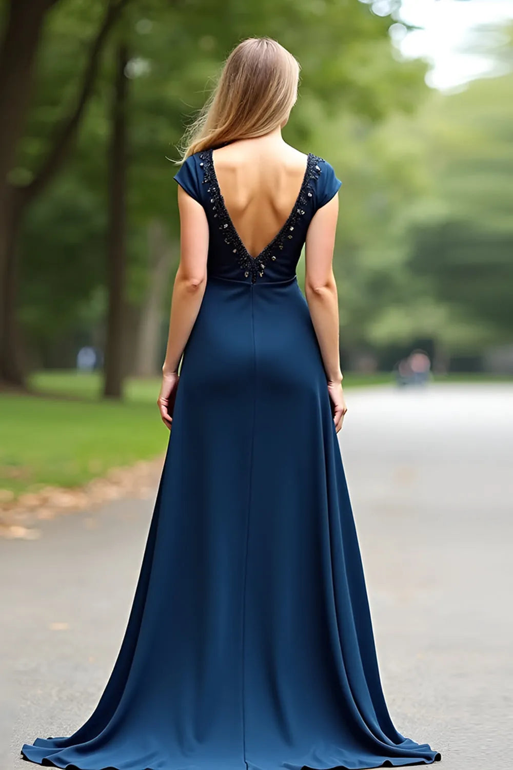 Romantic Navy Blue A-Line Beaded V-Neck Open Back Mother of the Bride Dress for female guests hot sale