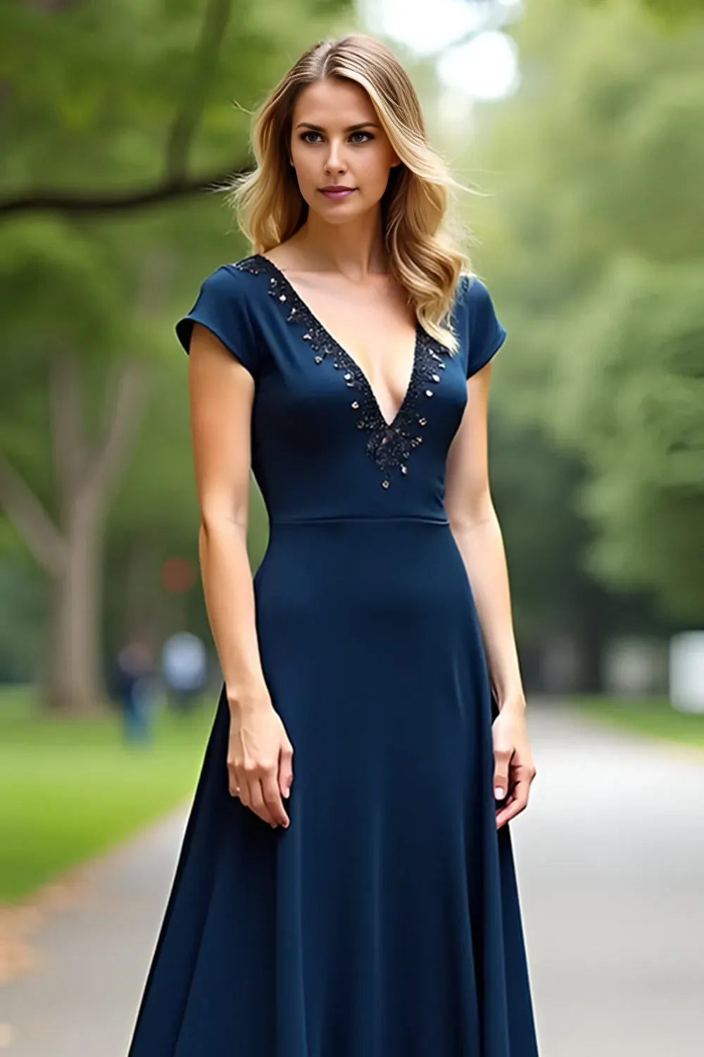 Romantic Navy Blue A-Line Beaded V-Neck Open Back Mother of the Bride Dress for female guests hot sale