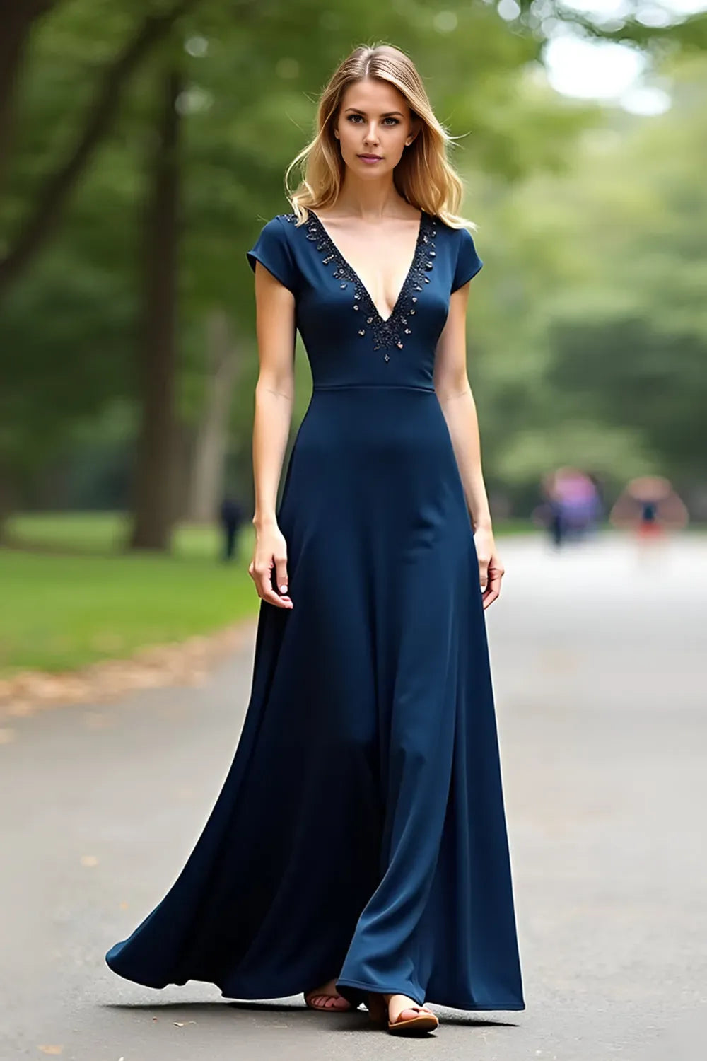 Romantic Navy Blue A-Line Beaded V-Neck Open Back Mother of the Bride Dress for female guests hot sale