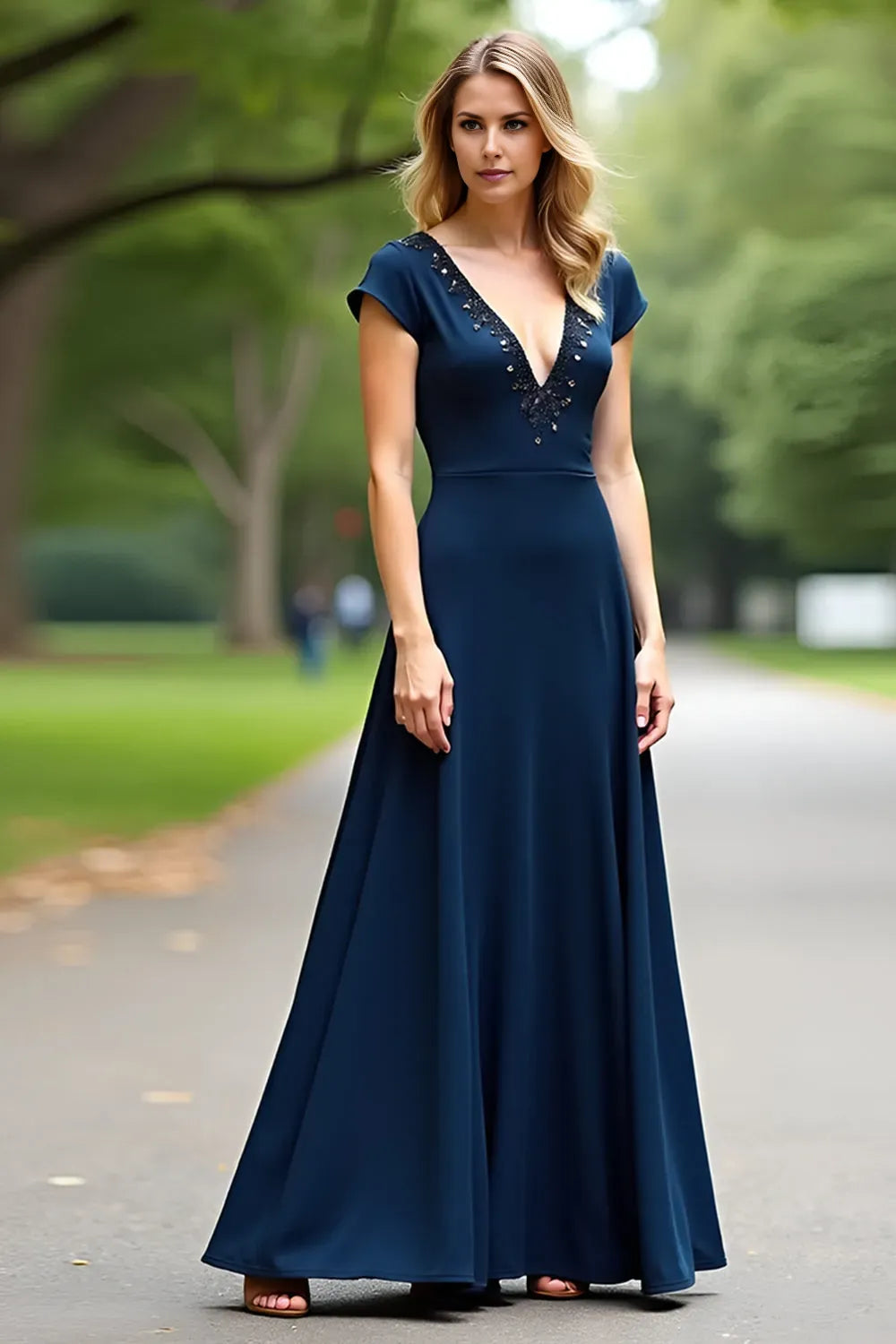 Romantic Navy Blue A-Line Beaded V-Neck Open Back Mother of the Bride Dress for female guests hot sale