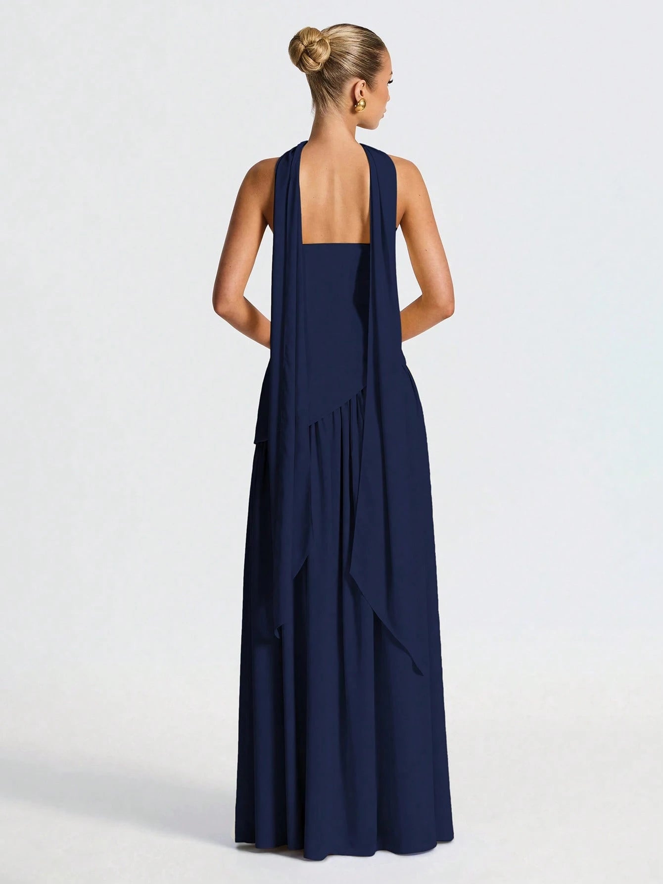 Romantic Navy Blue A-Line Halter Neck Sleeveless Back Zip Asymmetric Flowing  Slit Floor-Length Prom Dress