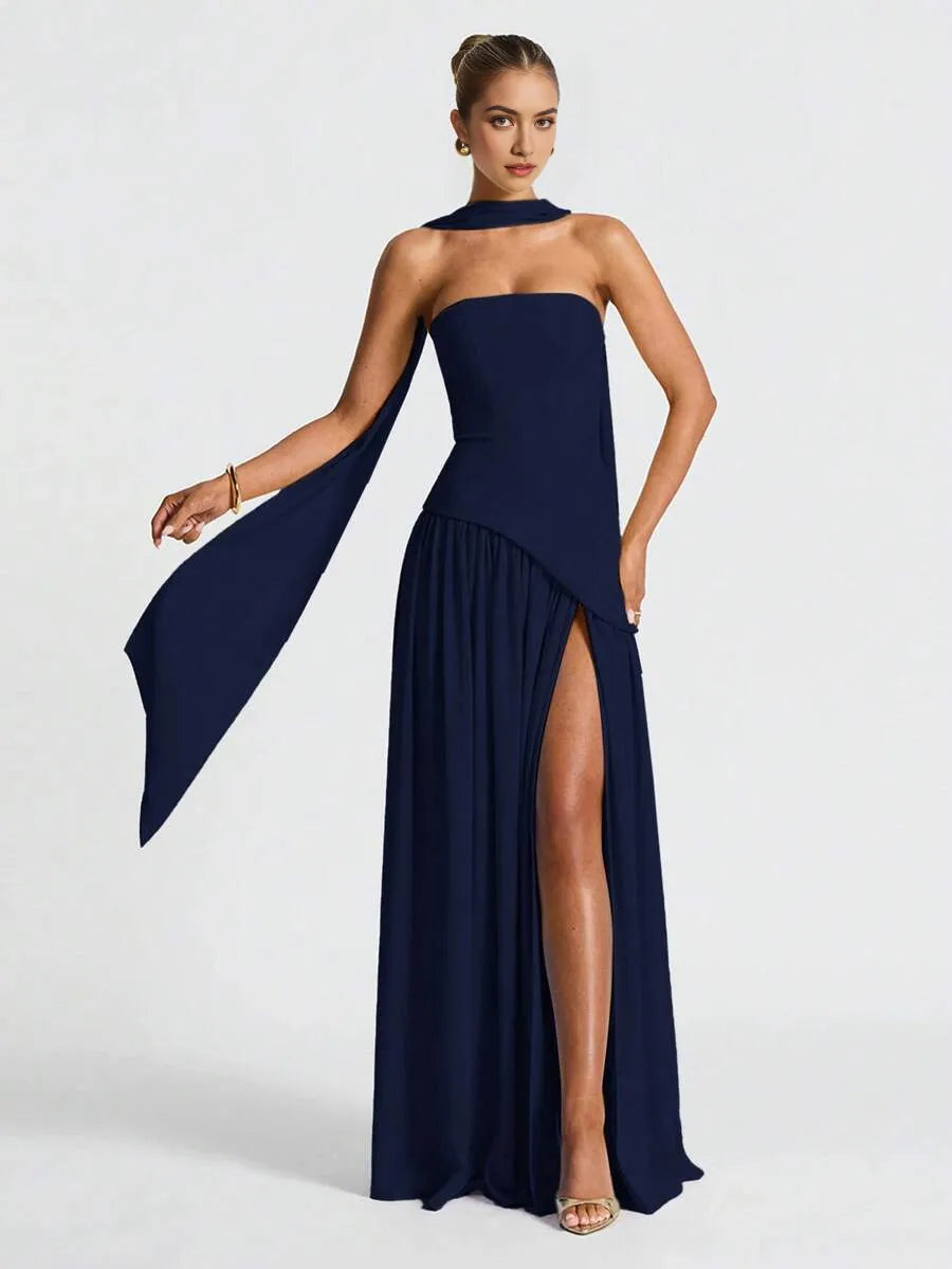 Romantic Navy Blue A-Line Halter Neck Sleeveless Back Zip Asymmetric Flowing  Slit Floor-Length Prom Dress