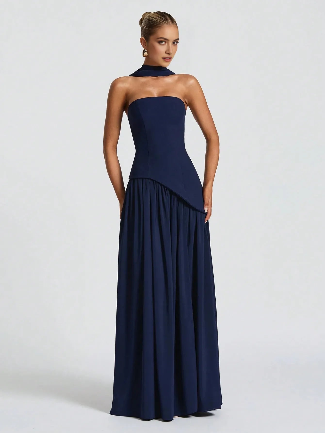 Romantic Navy Blue A-Line Halter Neck Sleeveless Back Zip Asymmetric Flowing  Slit Floor-Length Prom Dress
