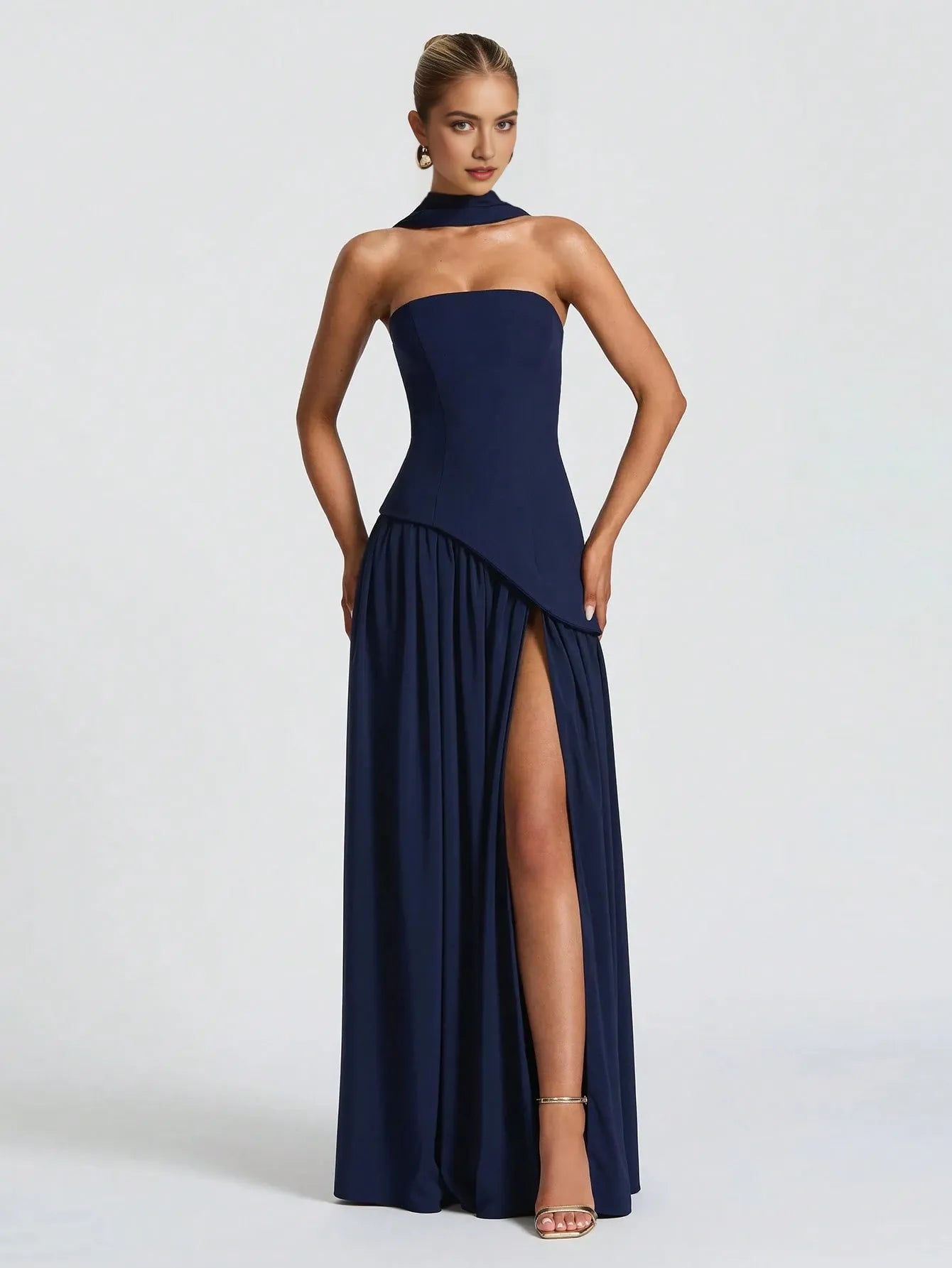 Romantic Navy Blue A-Line Halter Neck Sleeveless Back Zip Asymmetric Flowing  Slit Floor-Length Prom Dress