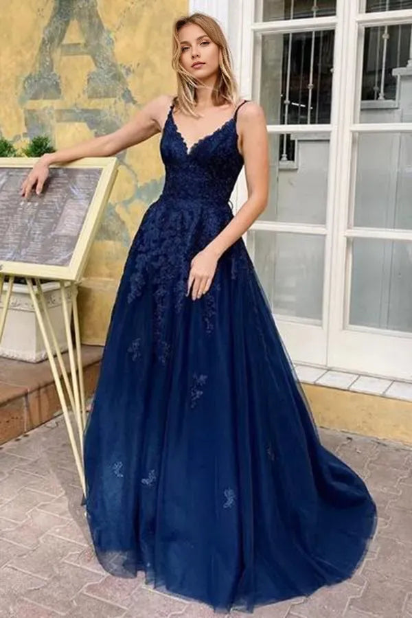 Romantic Navy Blue A-Line V-Neck Spaghetti Straps Lace-Up Tulle Appliques 3D-Floral Floor-Length Prom Dresses