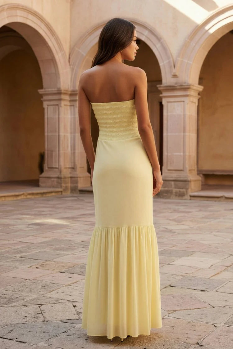 Romantic Pale Yellow Strapless Maxi Dress with Ruffled Sweetheart Neckline, Smocked Back Bodice and Tiered Flowy Chiffon Skirt