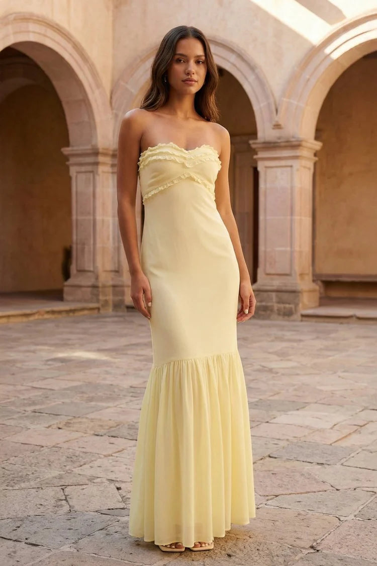 Romantic Pale Yellow Strapless Maxi Dress with Ruffled Sweetheart Neckline, Smocked Back Bodice and Tiered Flowy Chiffon Skirt
