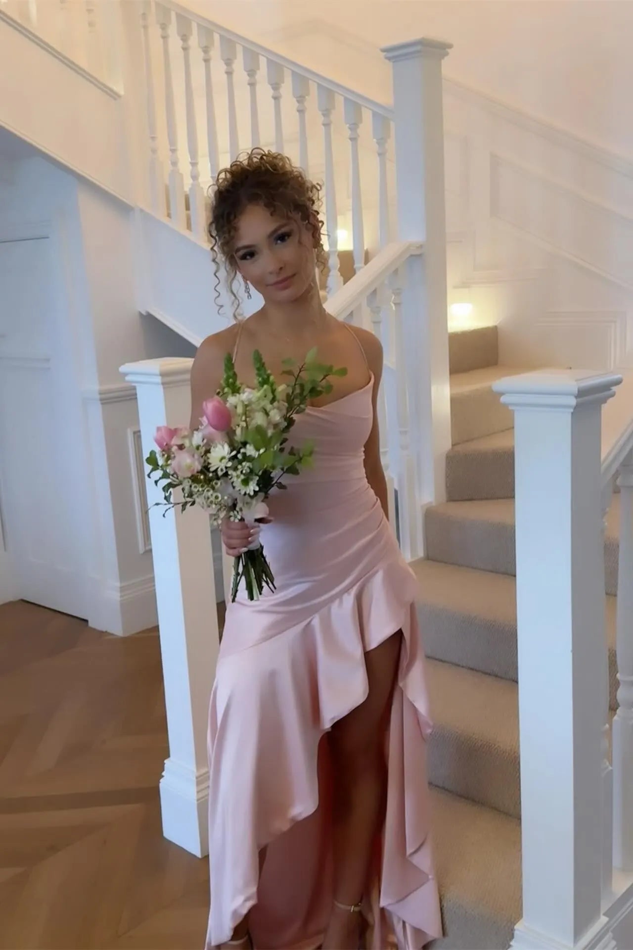 Romantic Pink A-line Sweetheart Neck Sleeveless Ruffled Open-Back Lace-up Floor - Length Prom Dress with Slit