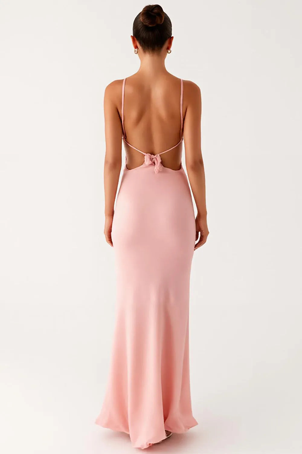 Romantic Pink Chiffon Sheath Sweetheart Neck Spaghetti-Straps Backless Ankle-Length Prom Dresses