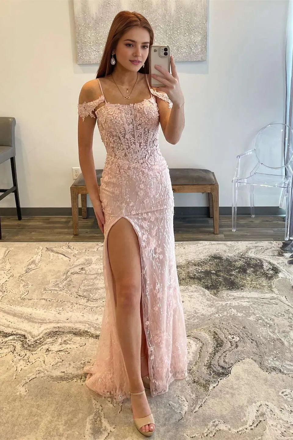 Romantic Pink Mermaid Cold Shoulder Sleeveless Appliques Lace Bodice Back Zip Floor-Length Prom Dresses with Slit