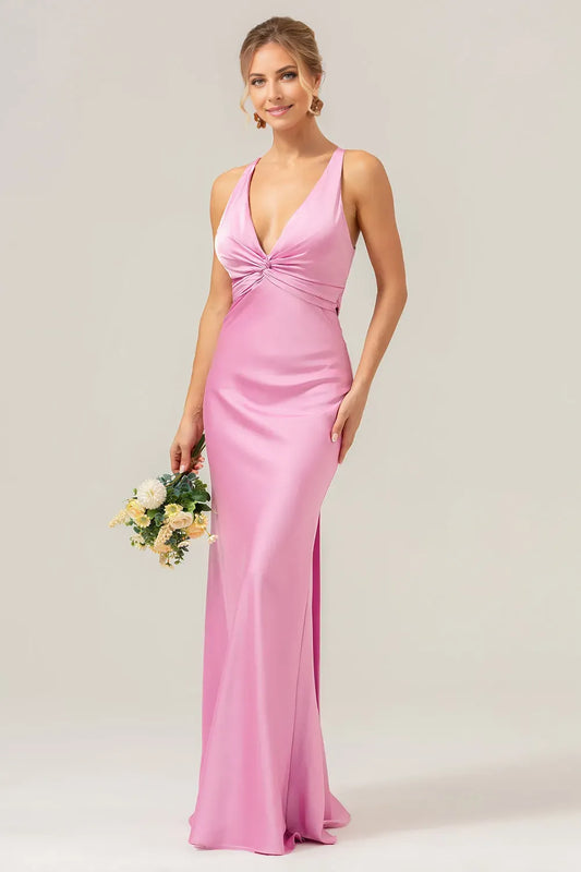Romantic Pink Mermaid Ruched Sleeveless Bow Floor-Length Prom Dresses with Lace Up Back