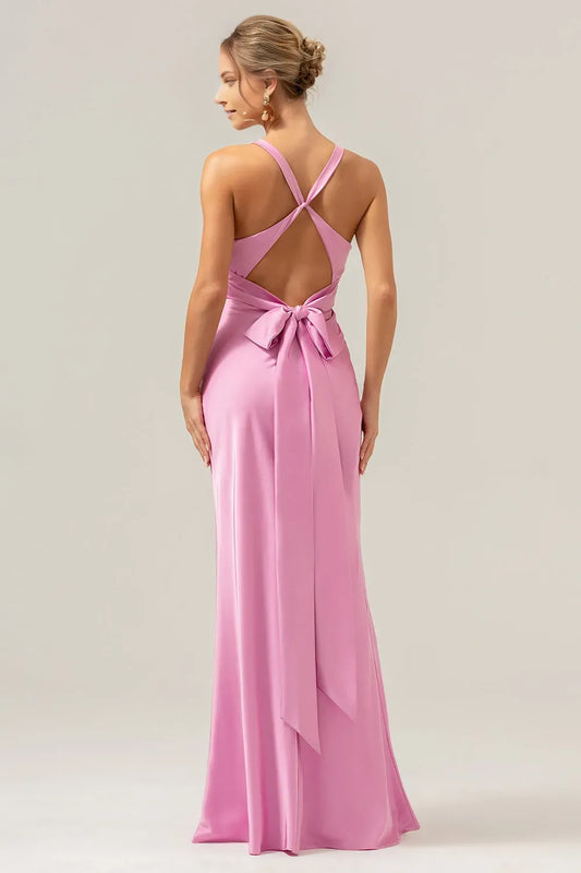 Romantic Pink Mermaid Ruched Sleeveless Bow Floor-Length Prom Dresses with Lace Up Back