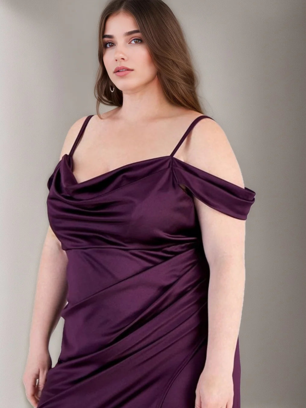 Romantic Plus-Size Off-the-Shoulder Cowl Neck Satin Mermaid Prom Dress with High Slit