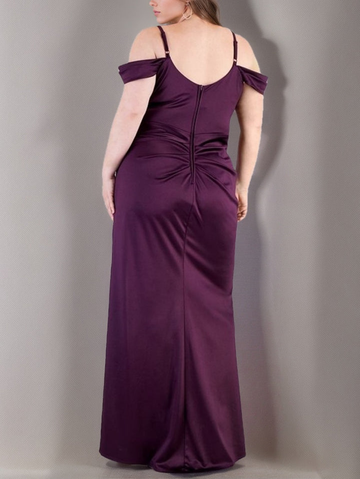 Romantic Plus-Size Off-the-Shoulder Cowl Neck Satin Mermaid Prom Dress with High Slit