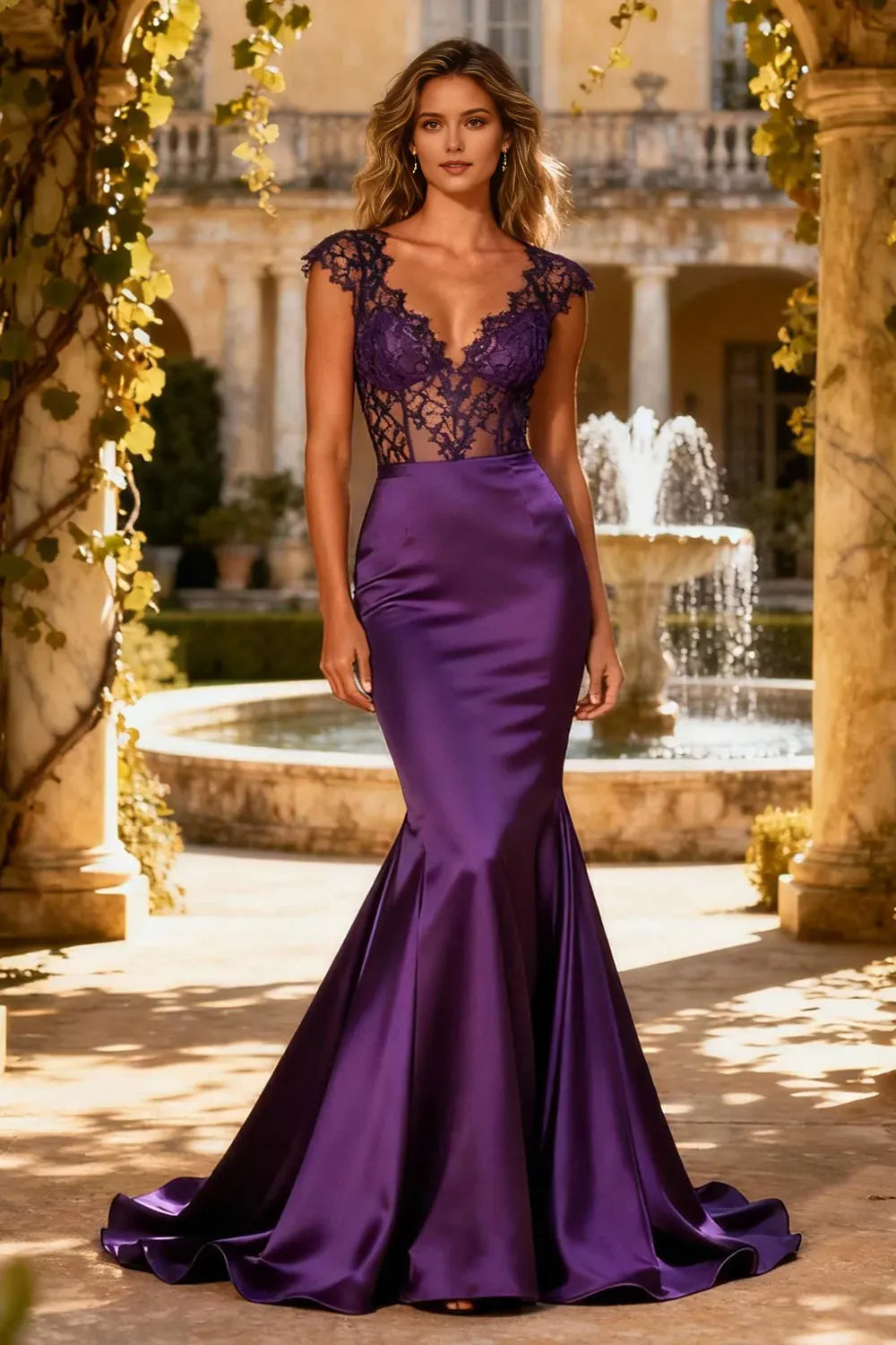 Romantic Purple Mermaid Deep V-Neck Sleeveless Back Zip Floor-Length Satin Lace Prom Dress