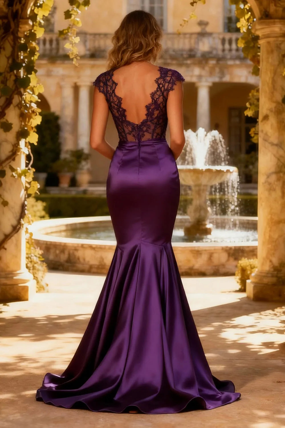 Romantic Purple Mermaid Deep V-Neck Sleeveless Back Zip Floor-Length Satin Lace Prom Dress