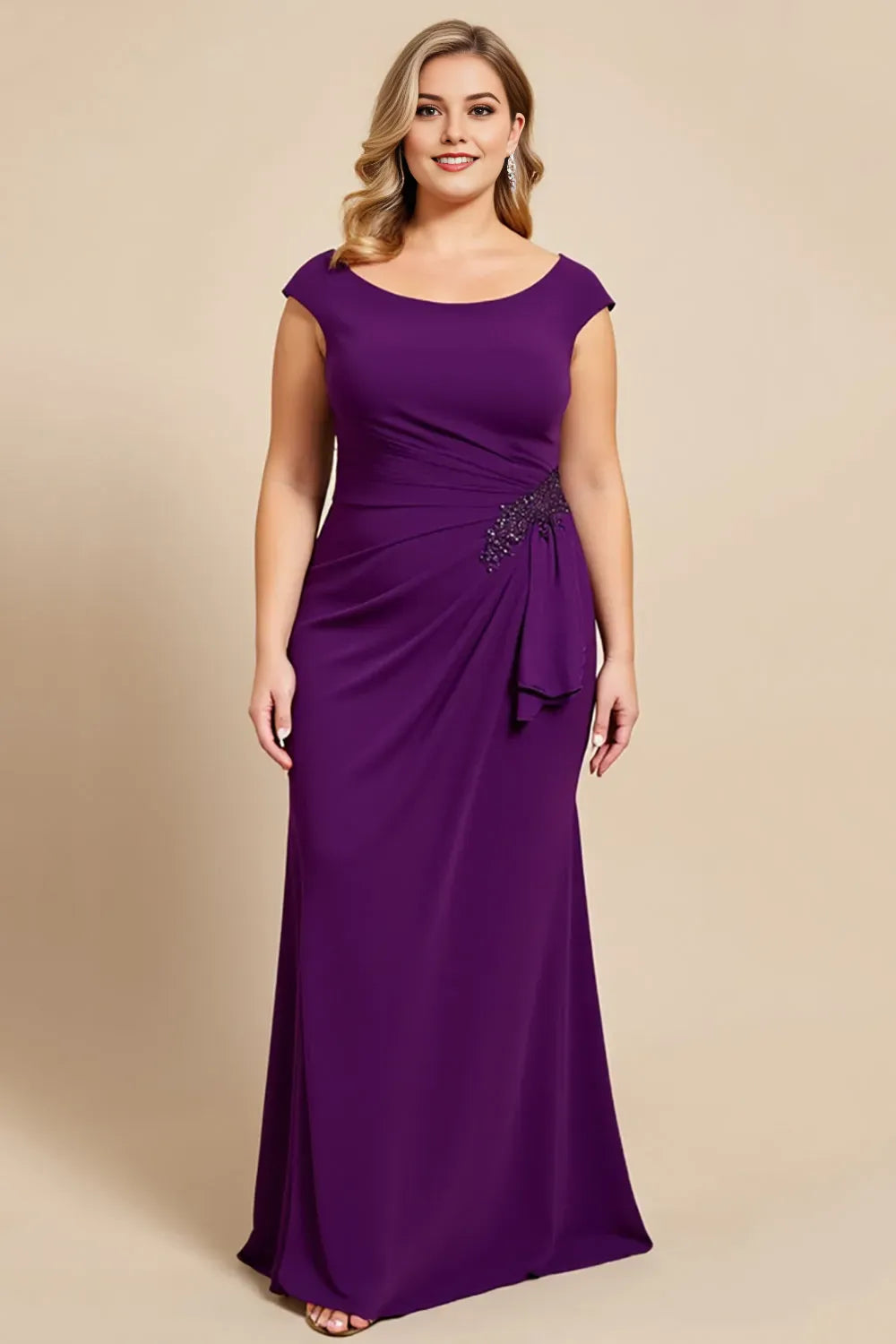 Romantic Purple Plus Size Scoop Neck Beaded Ruched Waist Mermaid Mother of the Bride Dress female guests