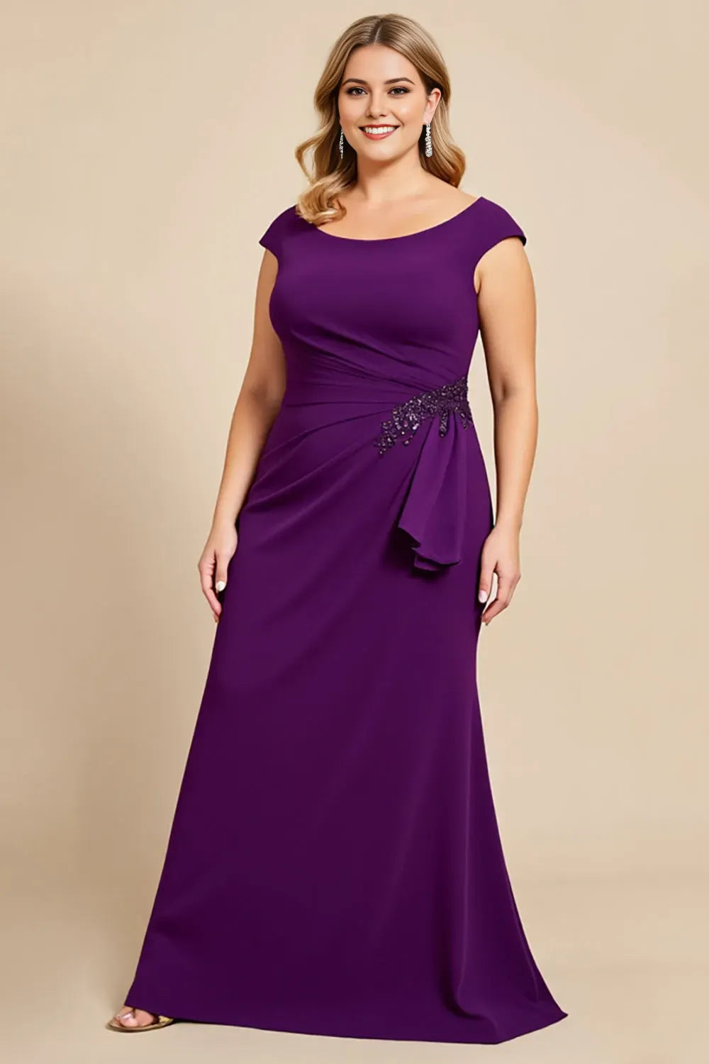 Romantic Purple Plus Size Scoop Neck Beaded Ruched Waist Mermaid Mother of the Bride Dress female guests