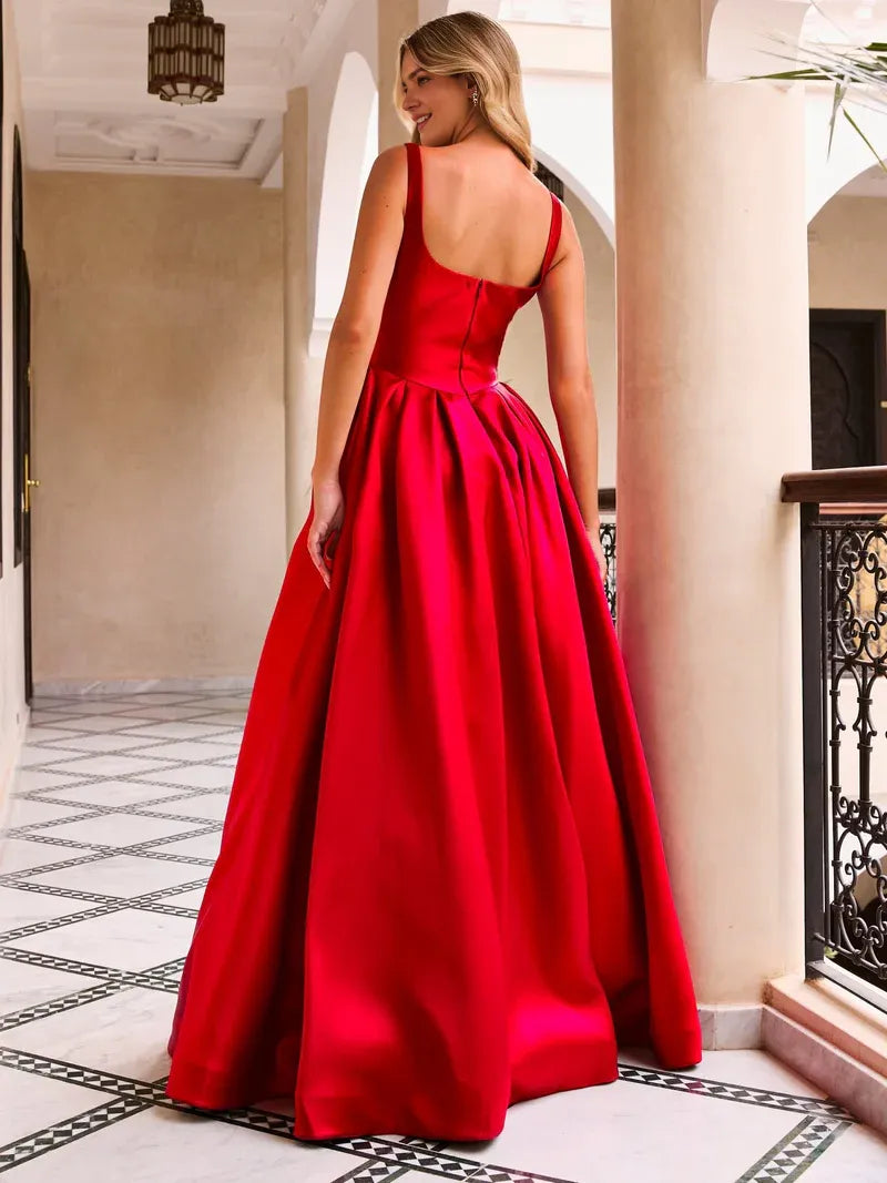 Romantic Red A-Line Square Neck Sleeveless Back Zip Satin Ruched Floor-Length Prom Dresses for women Hot sale