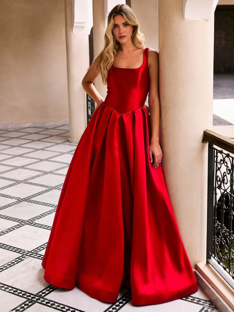 Romantic Red A-Line Square Neck Sleeveless Back Zip Satin Ruched Floor-Length Prom Dresses for women Hot sale