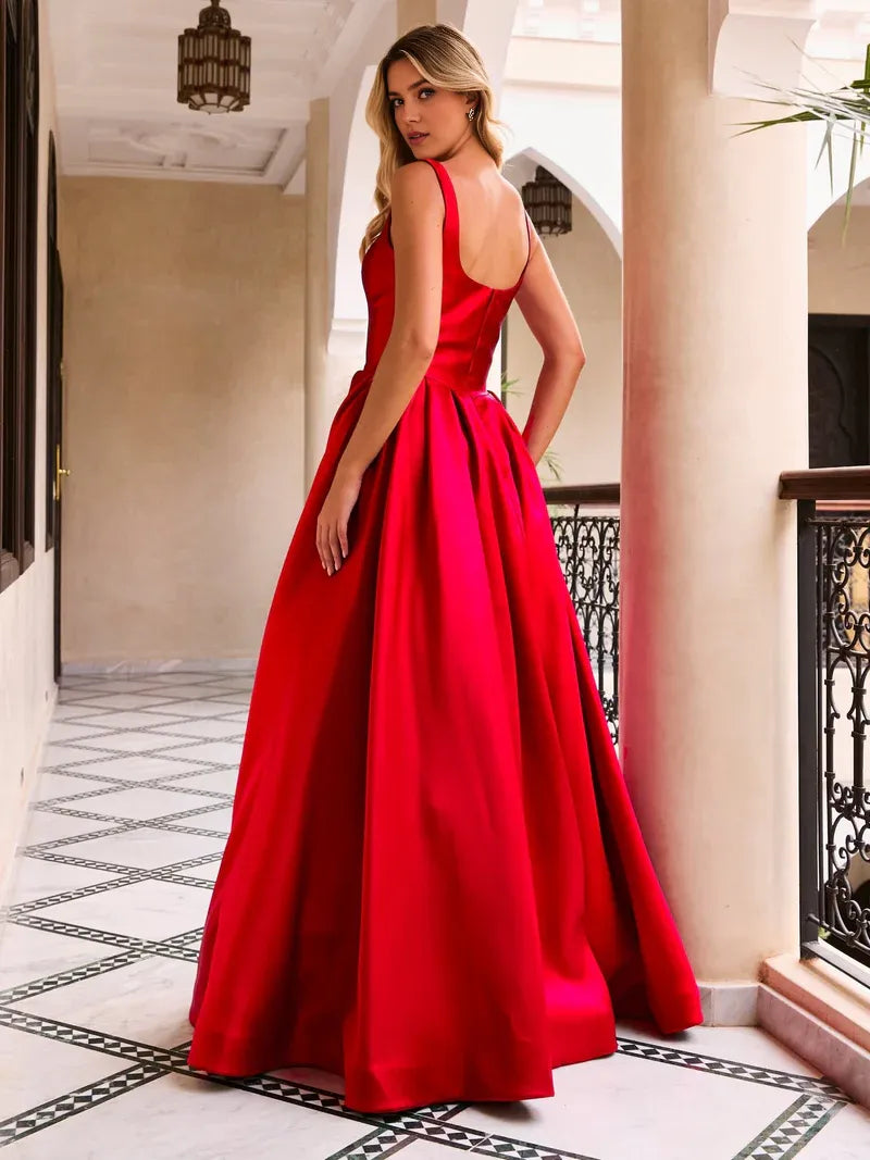 Romantic Red A-Line Square Neck Sleeveless Back Zip Satin Ruched Floor-Length Prom Dresses for women Hot sale